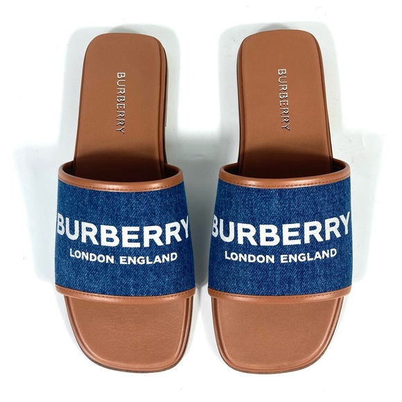 Burberry Carolyn Blue Denim Logo Flat Slides Sandals Size 36 NEW Leather - Picture 1 of 17